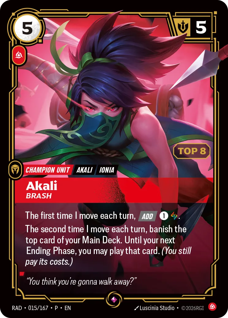 Akali, Brash (Top 8) Riftbound card (OPP-015/167)